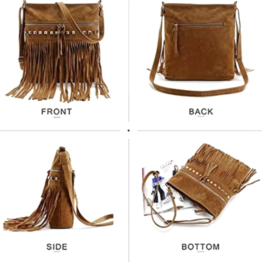 Brown Hippie Festival Purse Vintage 1970 Costume Tassel Studded 70s Style Purses - Picture 5 of 9